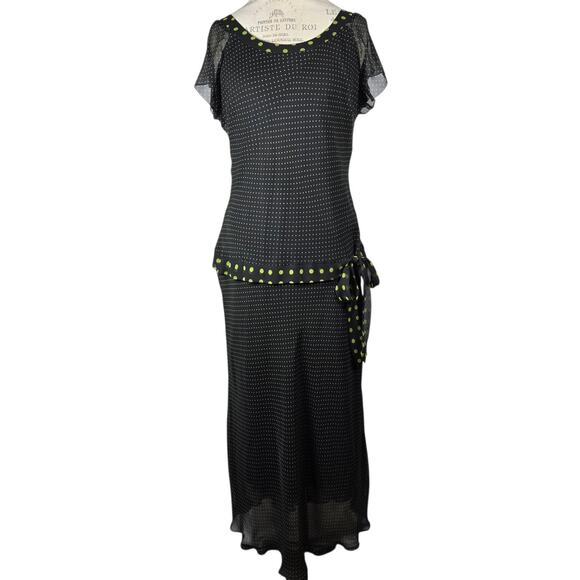Y2K Rockabilly Midi Dress 12 Polka Dot Drop Waist Chiffon Downton 20s Style Art - Picture 1 of 11